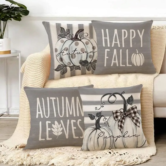 New Set of 4 Pumpkin Fall Throw Pillow Covers 18 x 18 - Picture 2 of 2